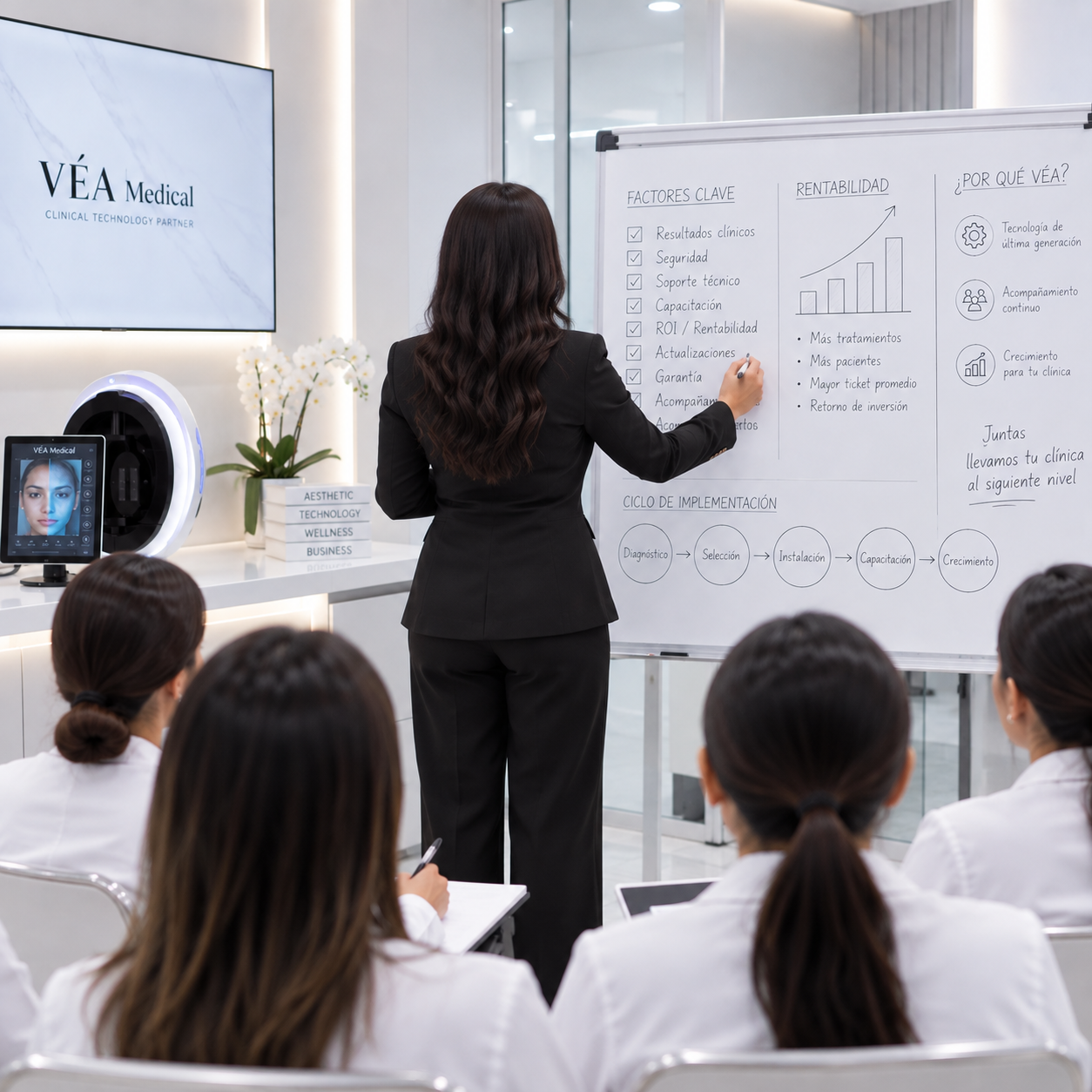 Jhoana impartiendo una clase sobre tecnología clínica y rentabilidad a las alumnas de VÉA Academy