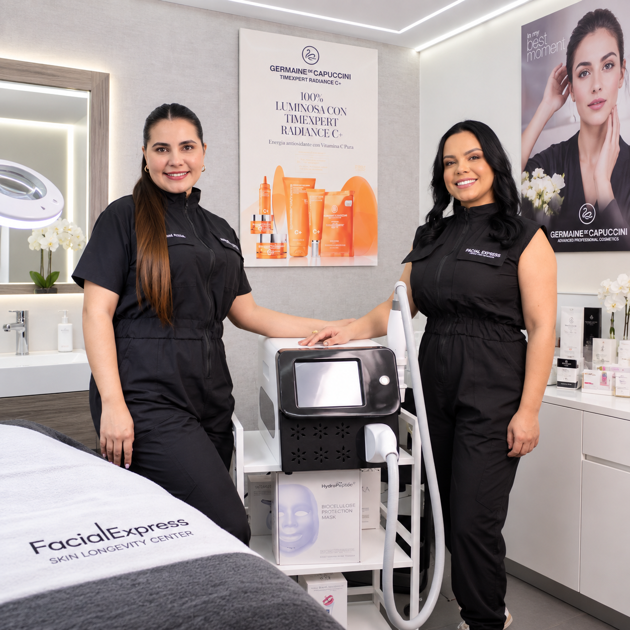 Integrantes del equipo clínico junto a una tecnología médico-estética en Facial Express
